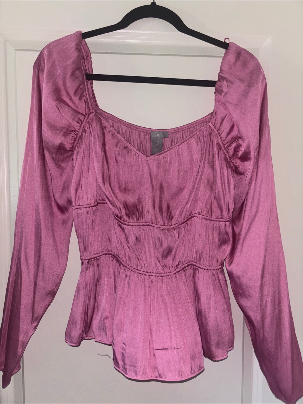 Satin Peplum Long-Sleeve Top in Dusty Rose